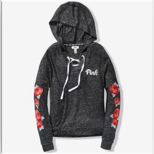 Victoria's Secret PINK Cozy Lace Up Pullover Hooded Sweater Black Roses Size XS